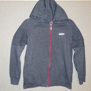 DKNY Size L 14-16 Kids Charcoal Zip Up Hoodie with Red Accents